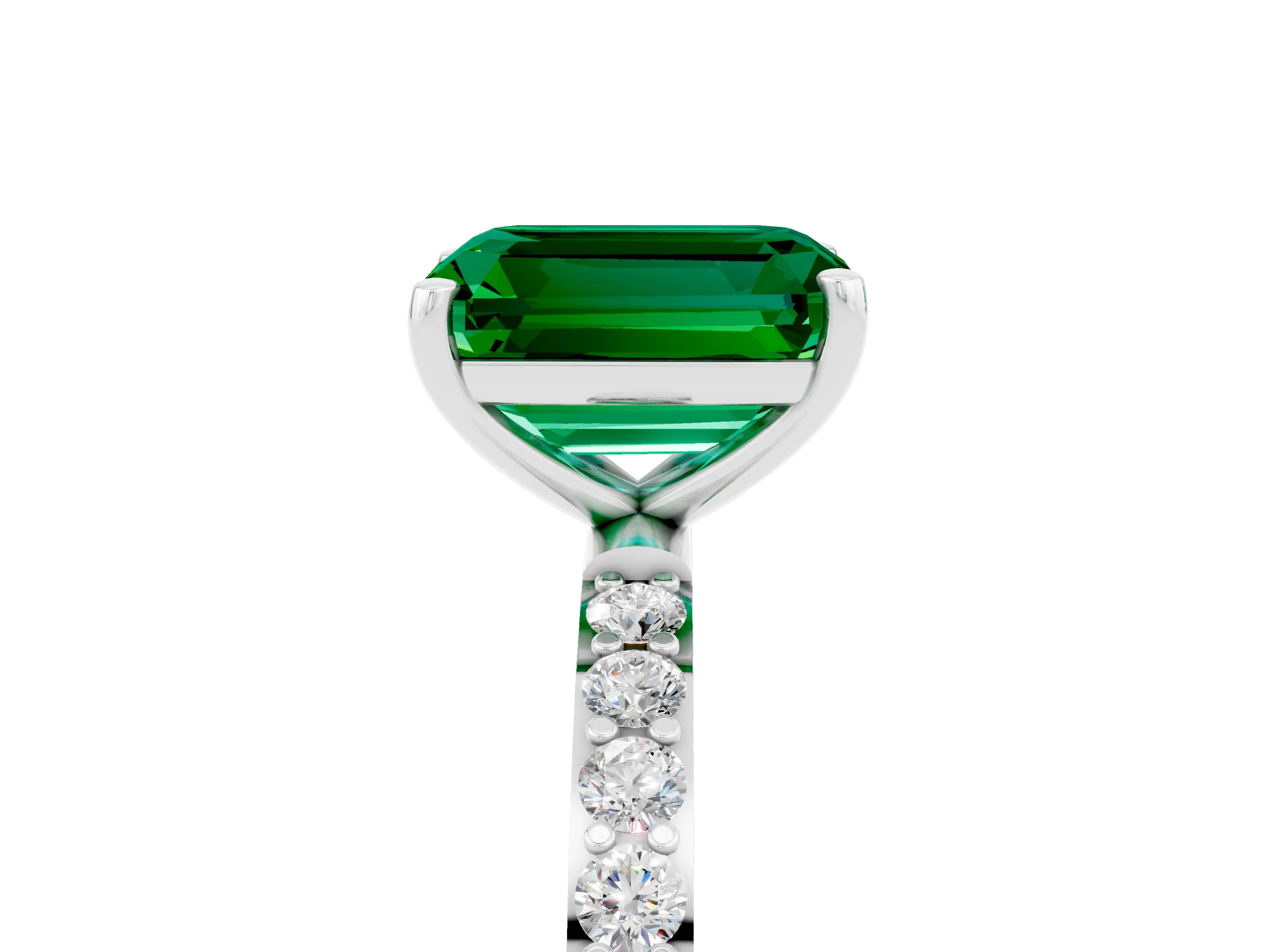 White gold Emerald Cut Emerald Solitaire Ring with Pave Band and Four Prong Setting_29
