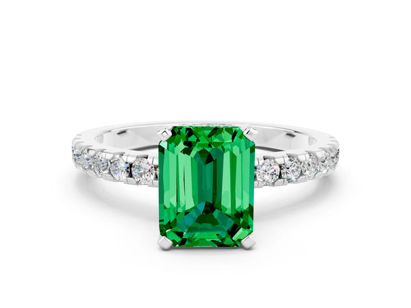 White gold Emerald Cut Emerald Solitaire Ring with Round  Pavé Band and Four-Prong Setting