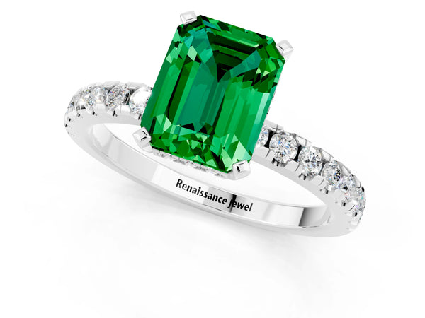 White gold Emerald Cut Emerald Solitaire Ring with Round  Pavé Band and Four-Prong Setting