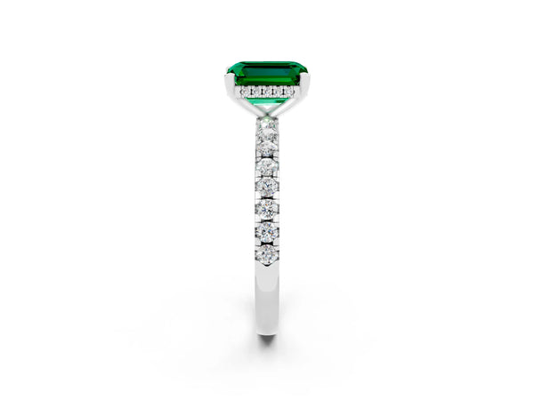 White gold Emerald Cut Emerald Solitaire Ring with Round  Pavé Band and Four-Prong Setting