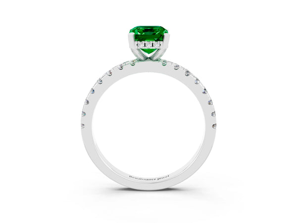 White gold Emerald Cut Emerald Solitaire Ring with Round  Pavé Band and Four-Prong Setting