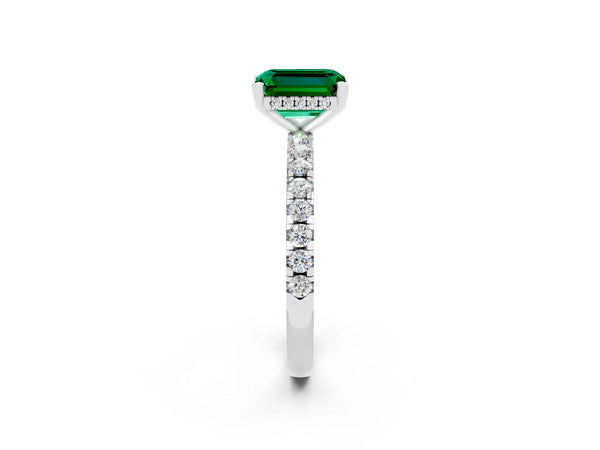 White gold Emerald Cut Emerald Solitaire Ring with Round Pavé Band and Four-Prong Setting