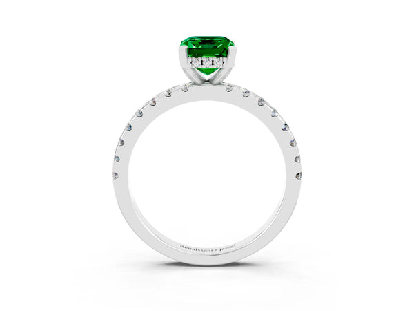 White gold Emerald Cut Emerald Solitaire Ring with Round Pavé Band and Four-Prong Setting
