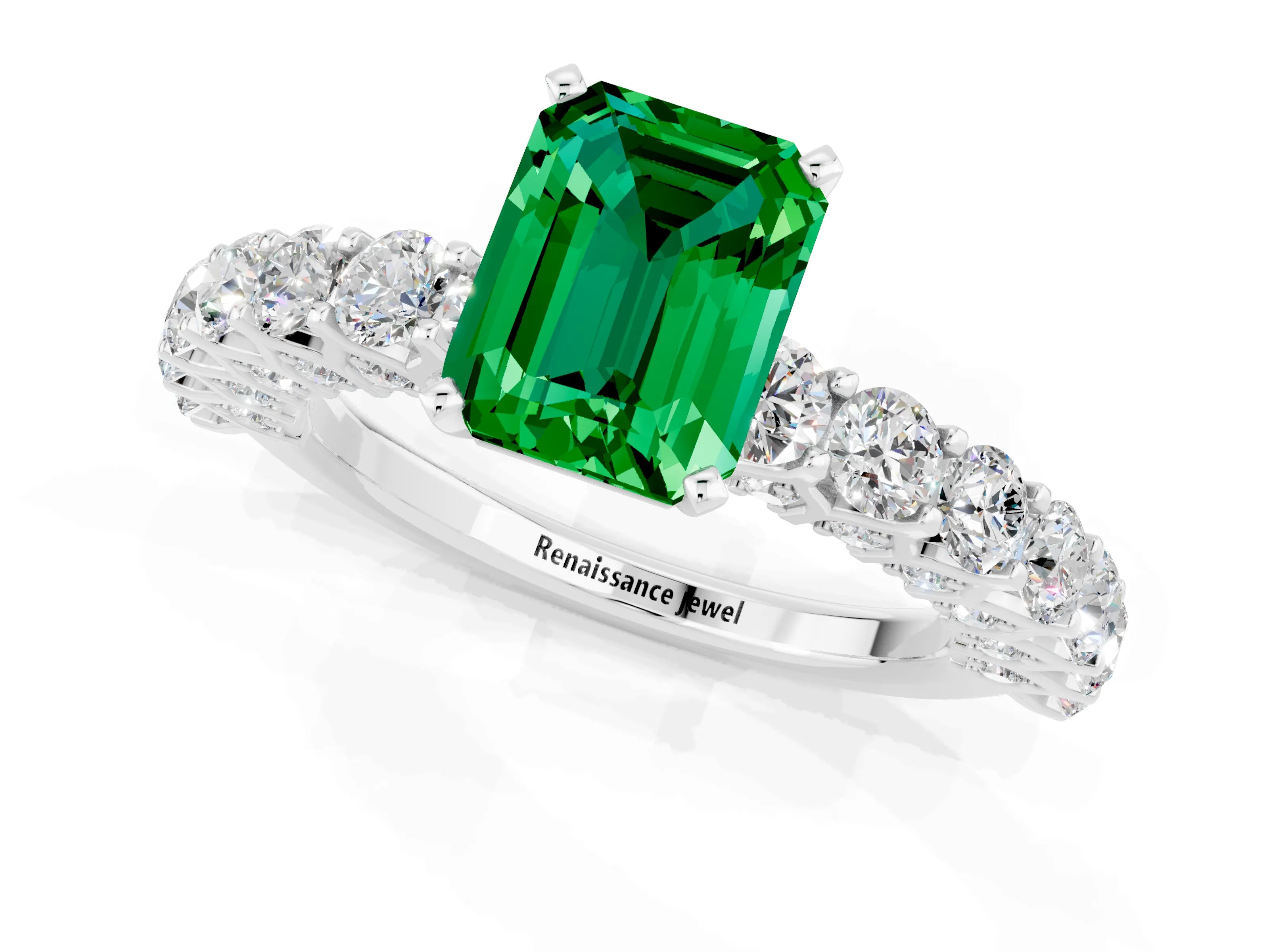 White gold Emerald Cut Emerald Solitaire Ring with Shared Prong Pavé Band and Four-Prong Setting_1
