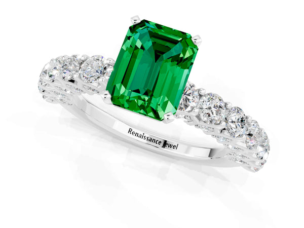 Platinum Emerald Cut Emerald Solitaire Ring with Shared Prong Pavé Band and Four-Prong Setting