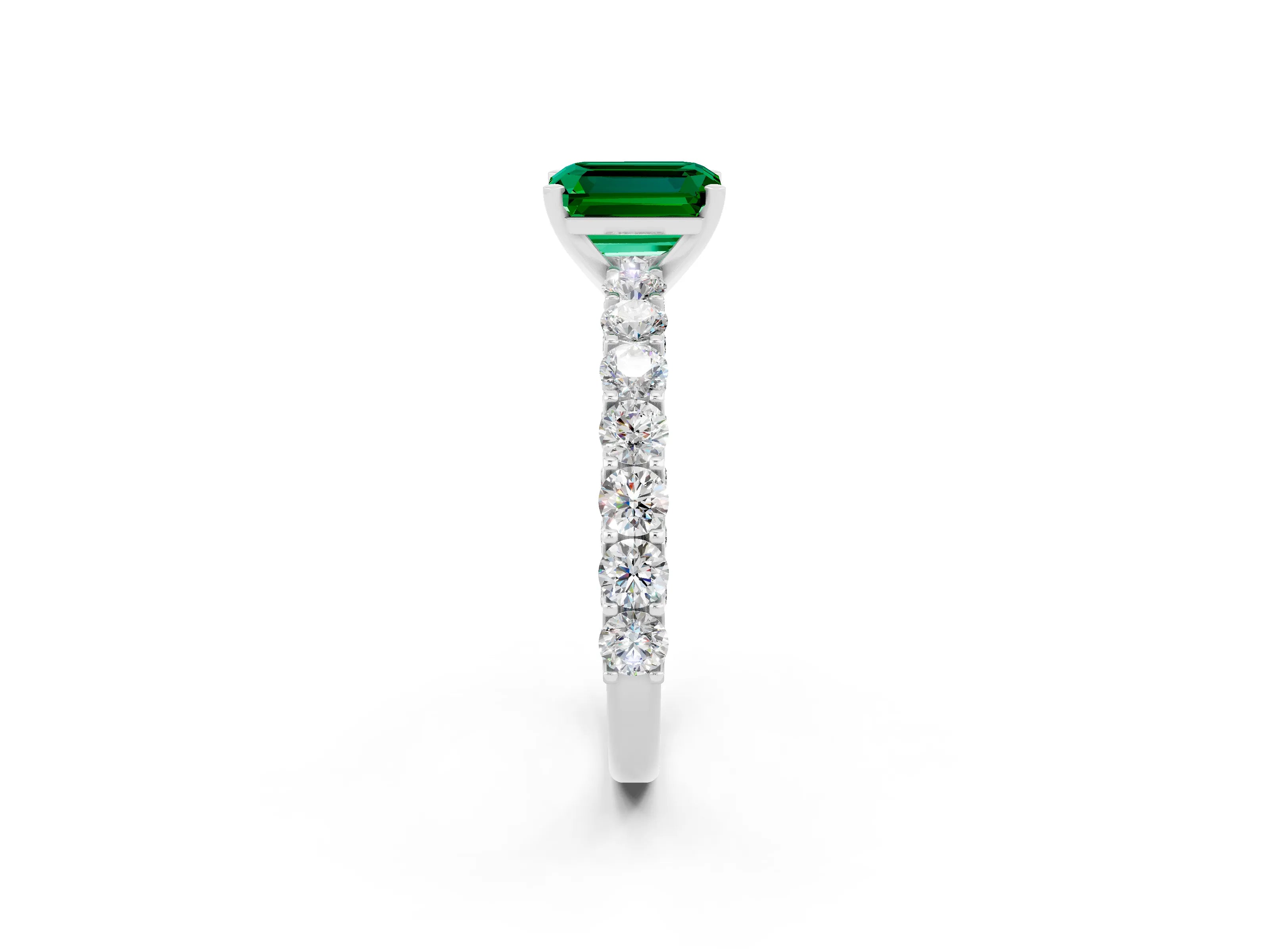 White gold Emerald Cut Emerald Solitaire Ring with Shared Prong Pavé Band and Four-Prong Setting_2
