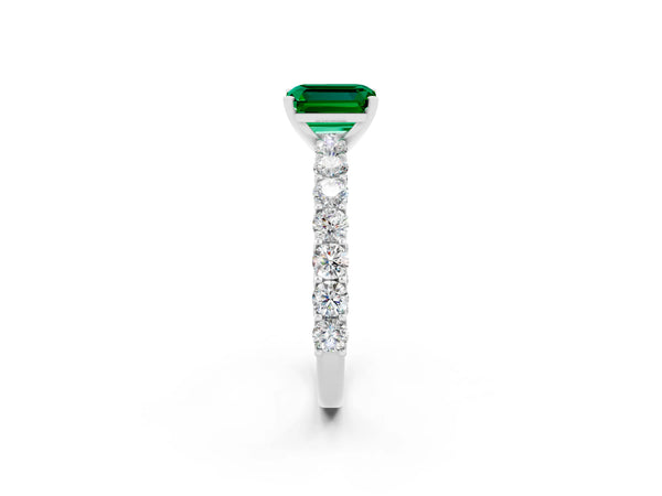 Platinum Emerald Cut Emerald Solitaire Ring with Shared Prong Pavé Band and Four-Prong Setting
