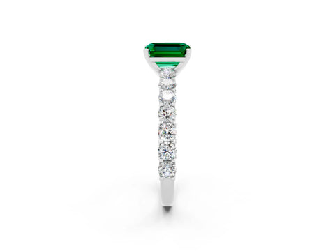 White gold Emerald Cut Emerald Solitaire Ring with Shared Prong Pavé Band and Four-Prong Setting_2