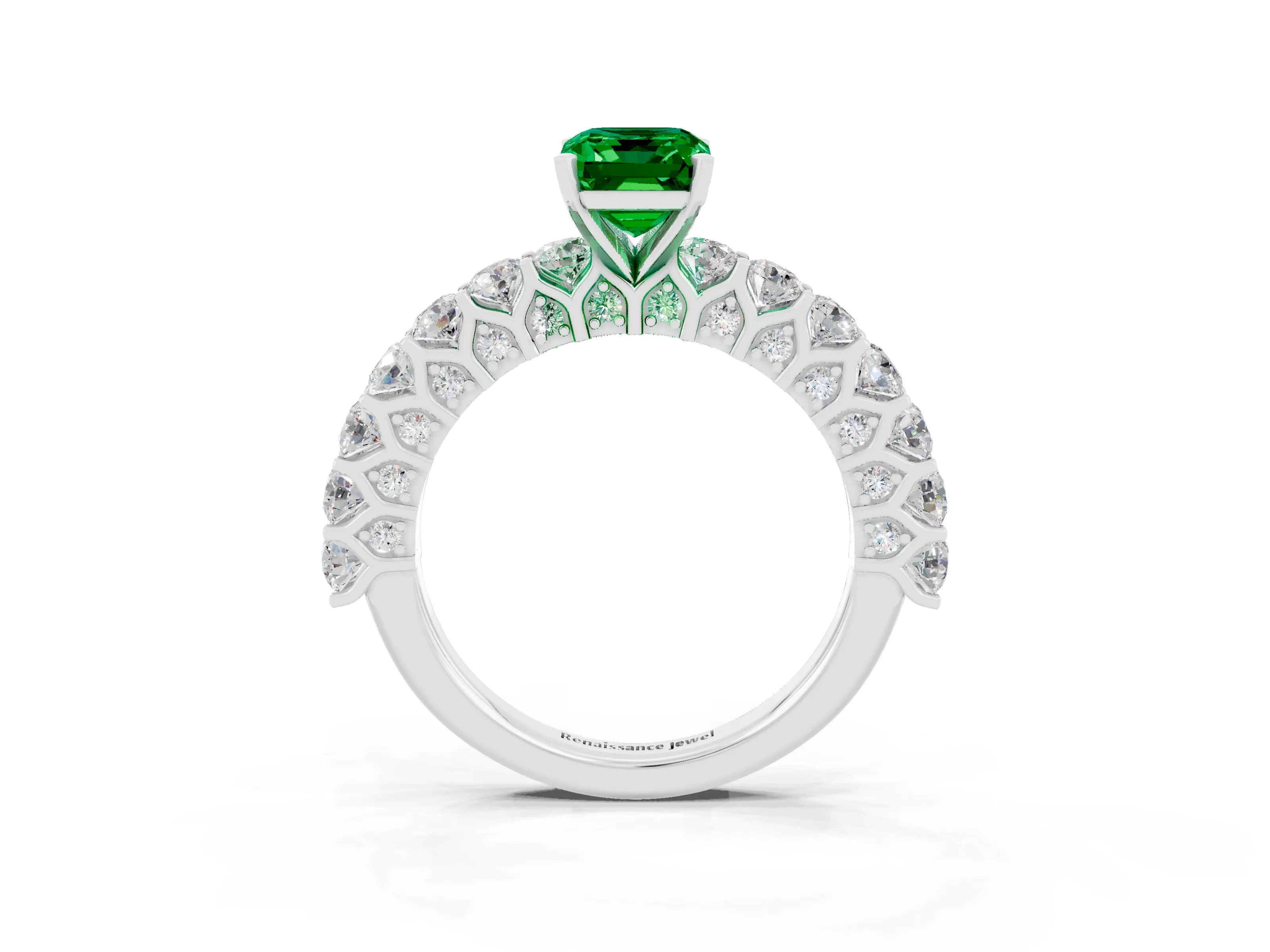 White gold Emerald Cut Emerald Solitaire Ring with Shared Prong Pavé Band and Four-Prong Setting_3
