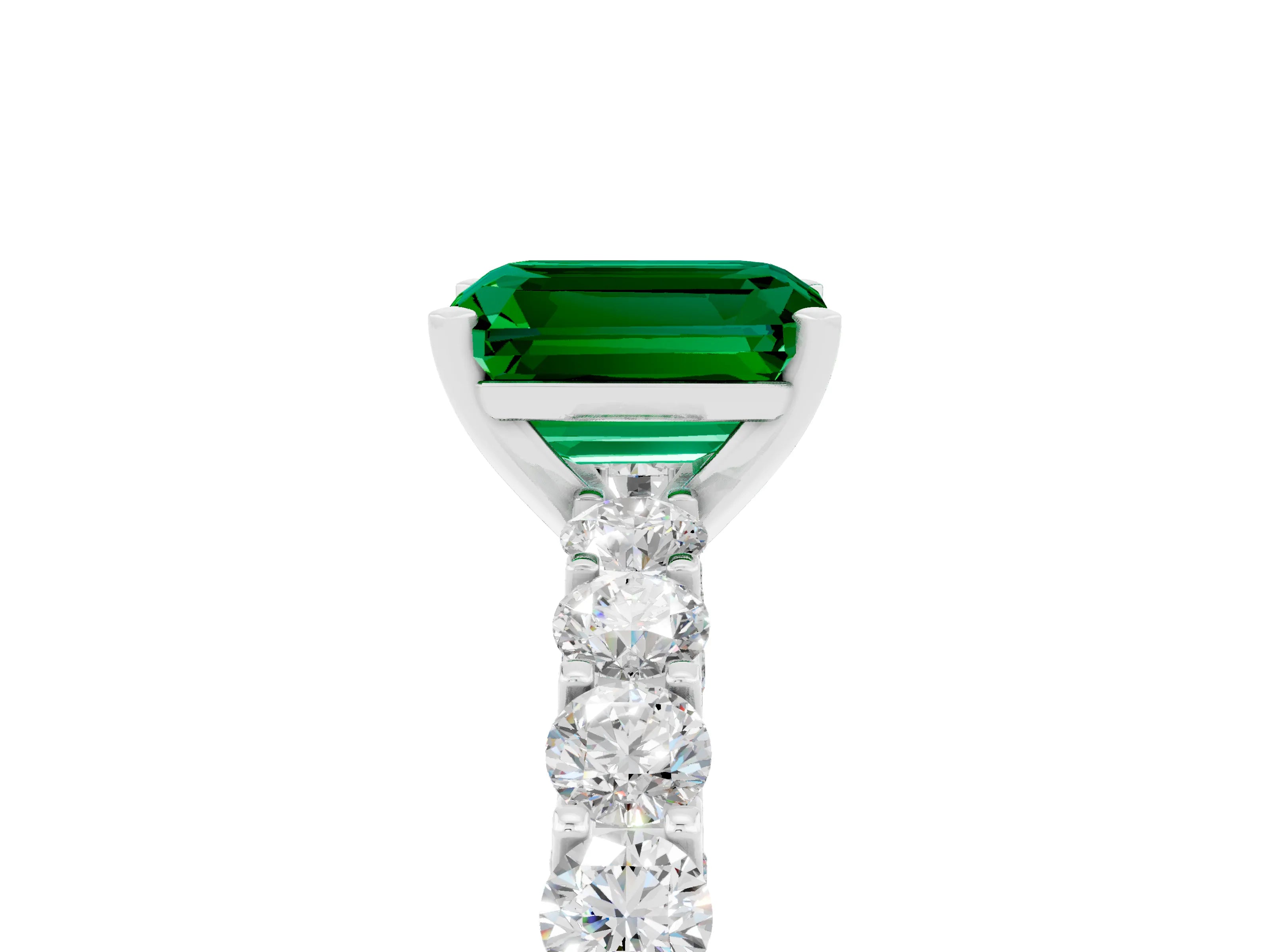 White gold Emerald Cut Emerald Solitaire Ring with Shared Prong Pavé Band and Four-Prong Setting_5