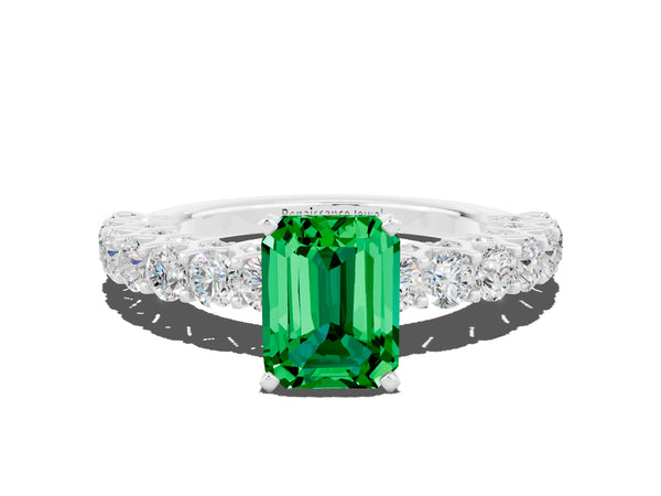 Silver Emerald Cut Emerald Solitaire Ring with Shared Prong Pavé Band and Four-Prong Setting