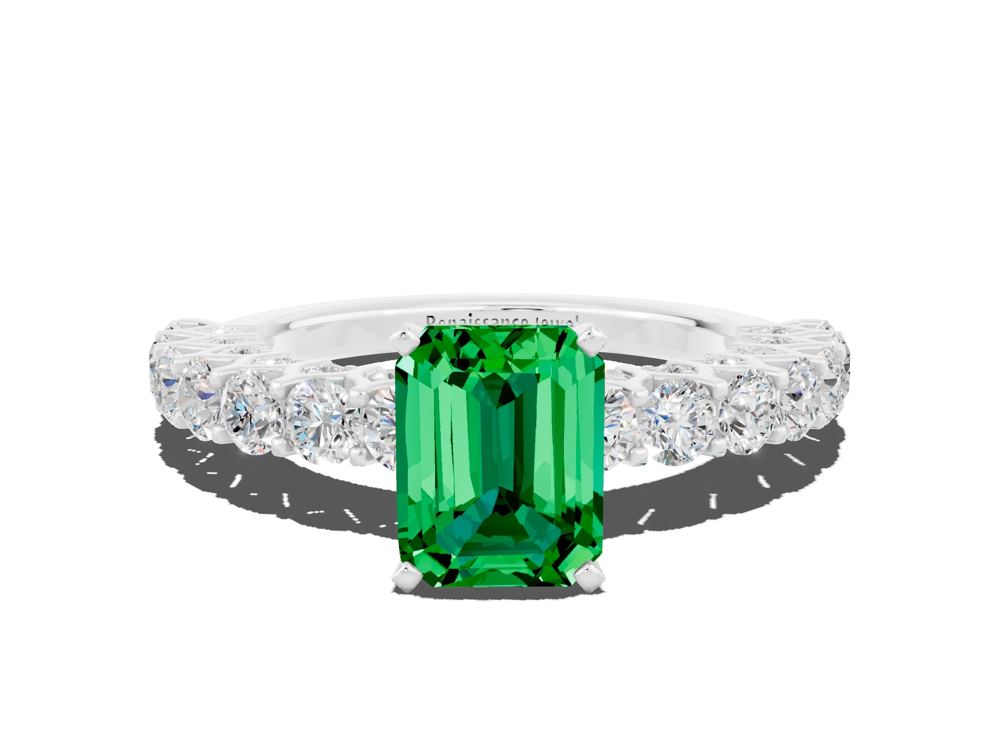 White gold Emerald Cut Emerald Solitaire Ring with Shared Prong Pavé Band and Four-Prong Setting