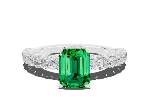 White gold Emerald Cut Emerald Solitaire Ring with Shared Prong Pavé Band and Four-Prong Setting
