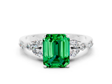White gold Emerald Cut Emerald Solitaire Ring with Side Stones and Four-Prong Setting_12