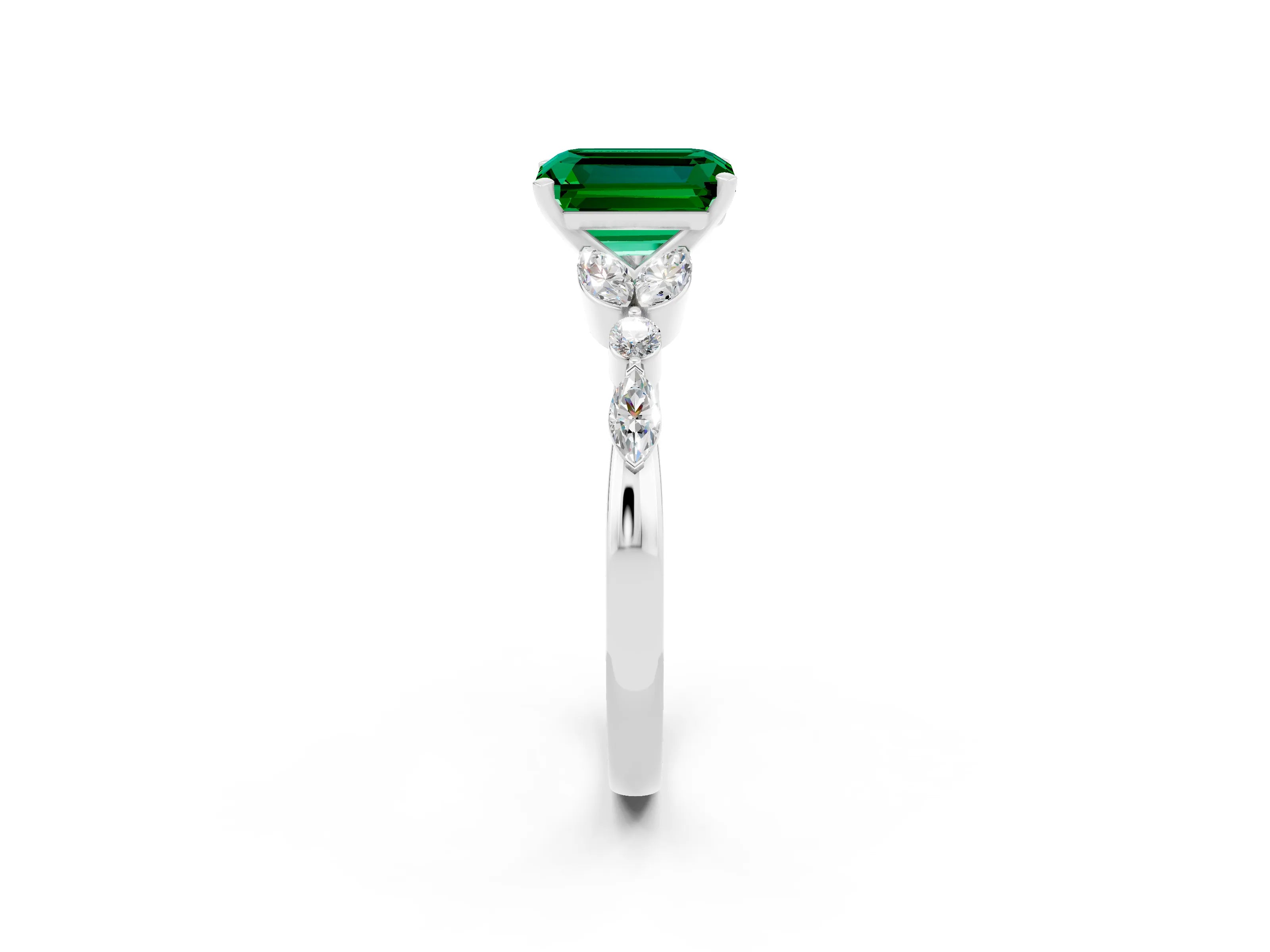 White gold Emerald Cut Emerald Solitaire Ring with Side Stones and Four-Prong Setting_14