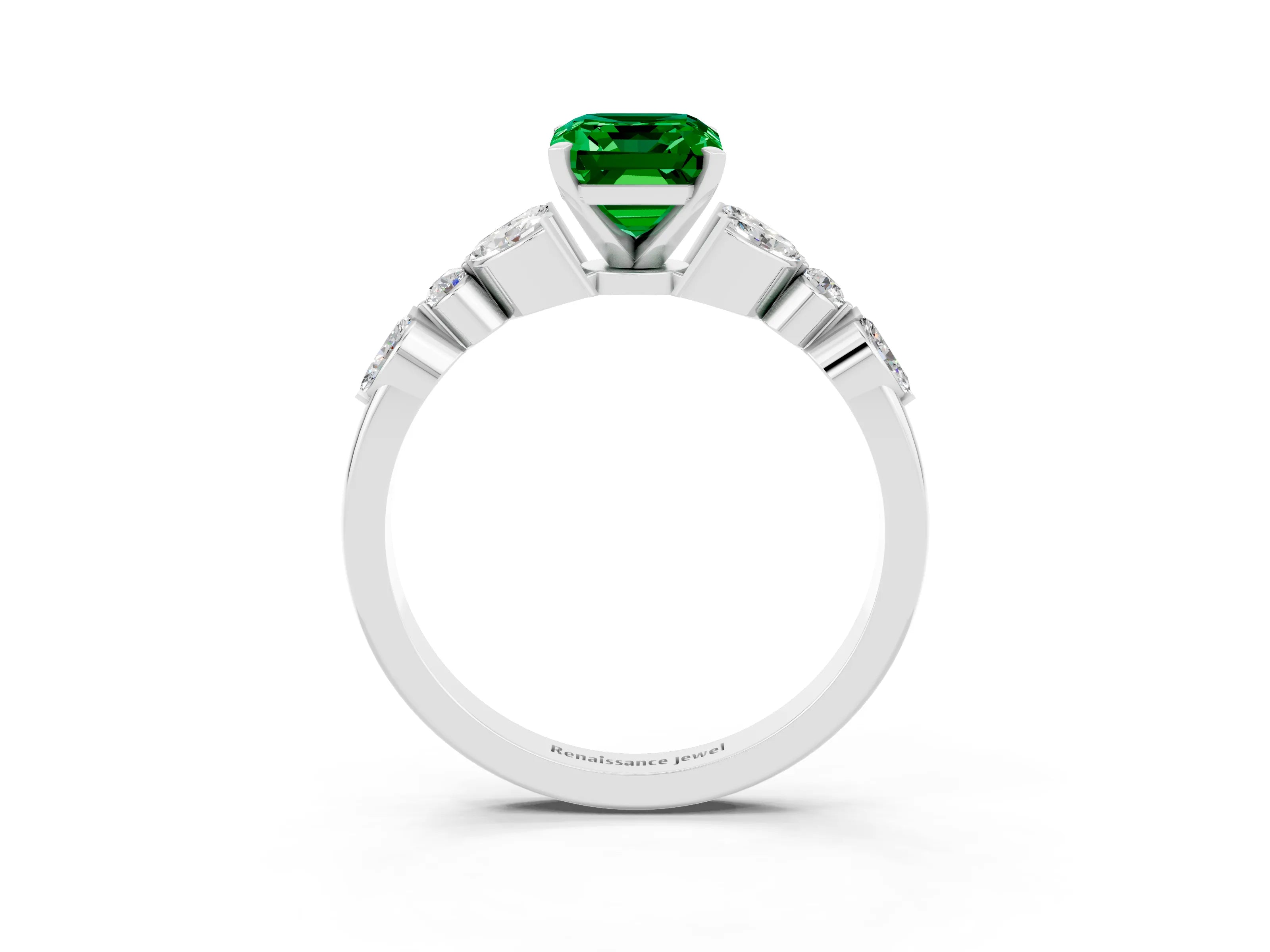 White gold Emerald Cut Emerald Solitaire Ring with Side Stones and Four-Prong Setting_15