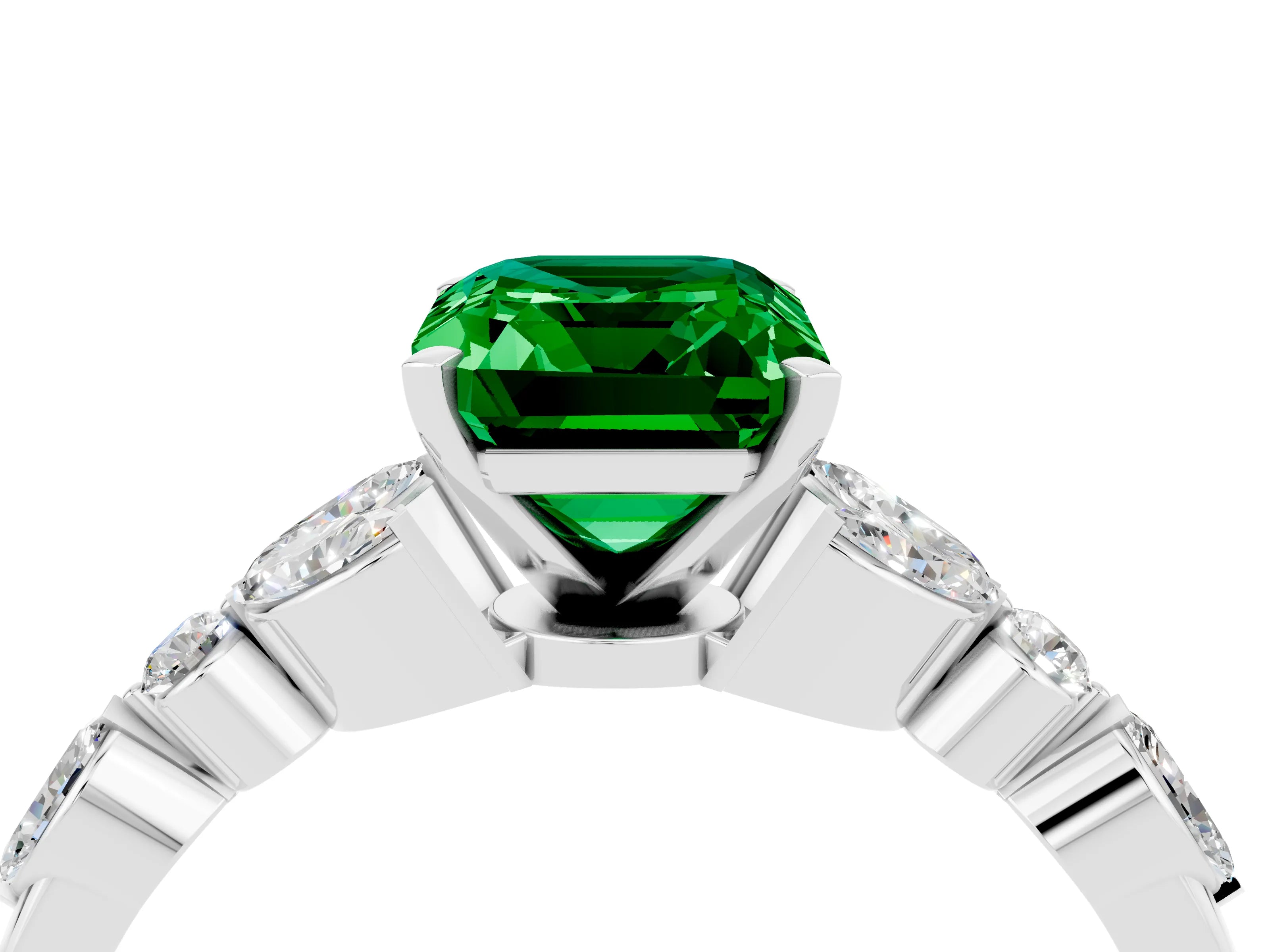 White gold Emerald Cut Emerald Solitaire Ring with Side Stones and Four-Prong Setting_16
