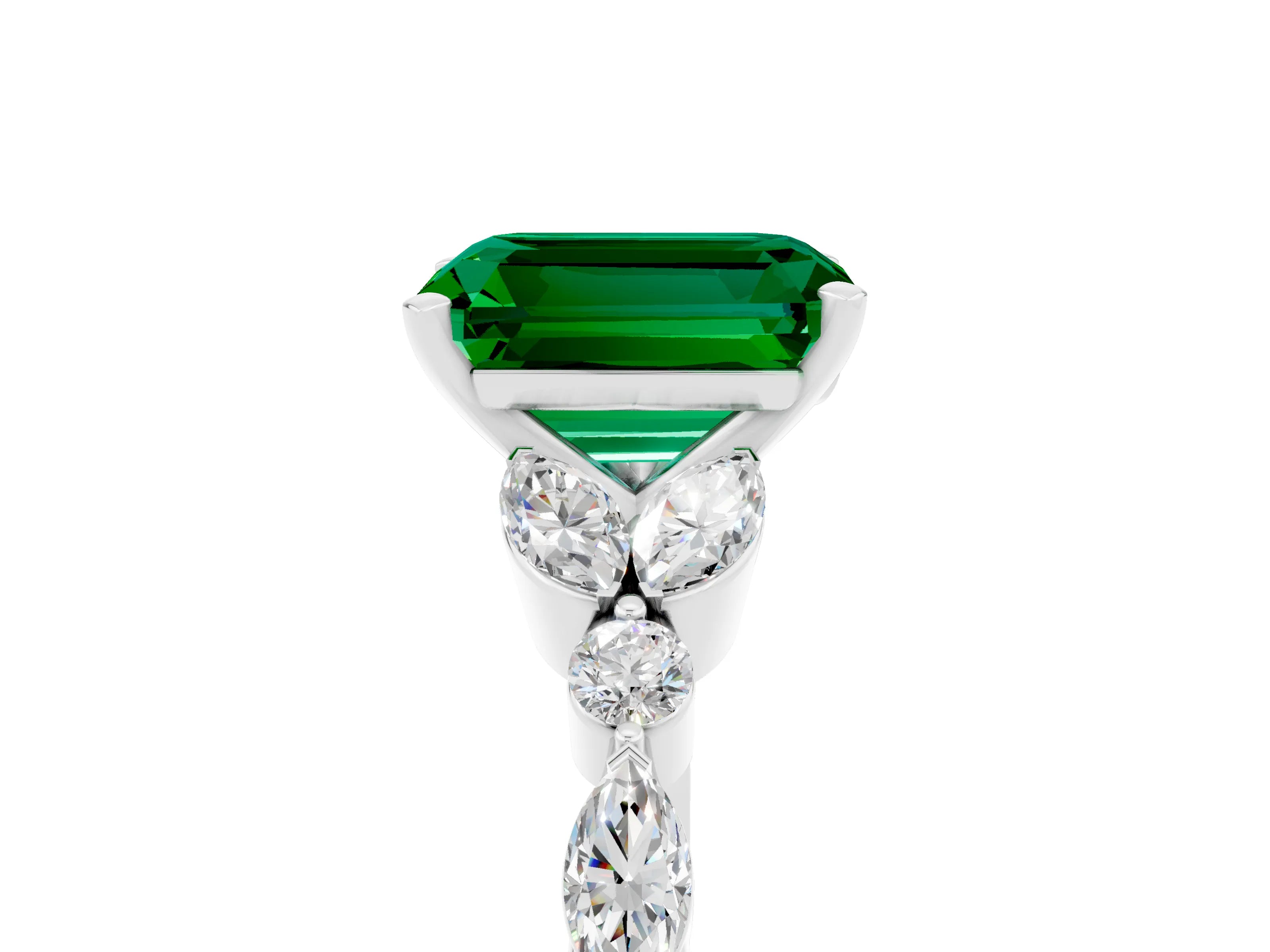 White gold Emerald Cut Emerald Solitaire Ring with Side Stones and Four-Prong Setting_17