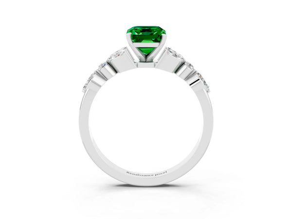 White gold Emerald Cut Emerald Solitaire Ring with Side Stones and Four-Prong Setting