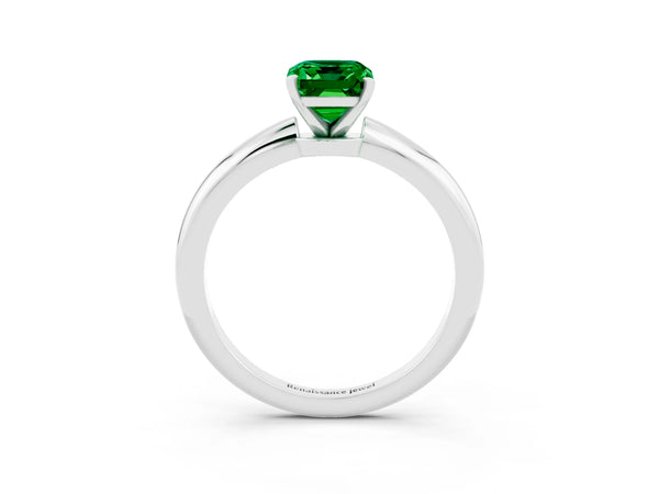 White gold Emerald Cut Emerald Solitaire Ring with Six-Prong Setting and Classic Band