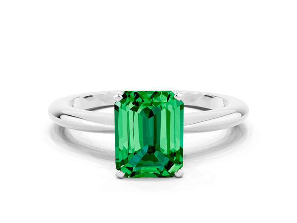 Silver Emerald Cut Emerald Solitaire Ring with Six-Prong Setting and Classic Band
