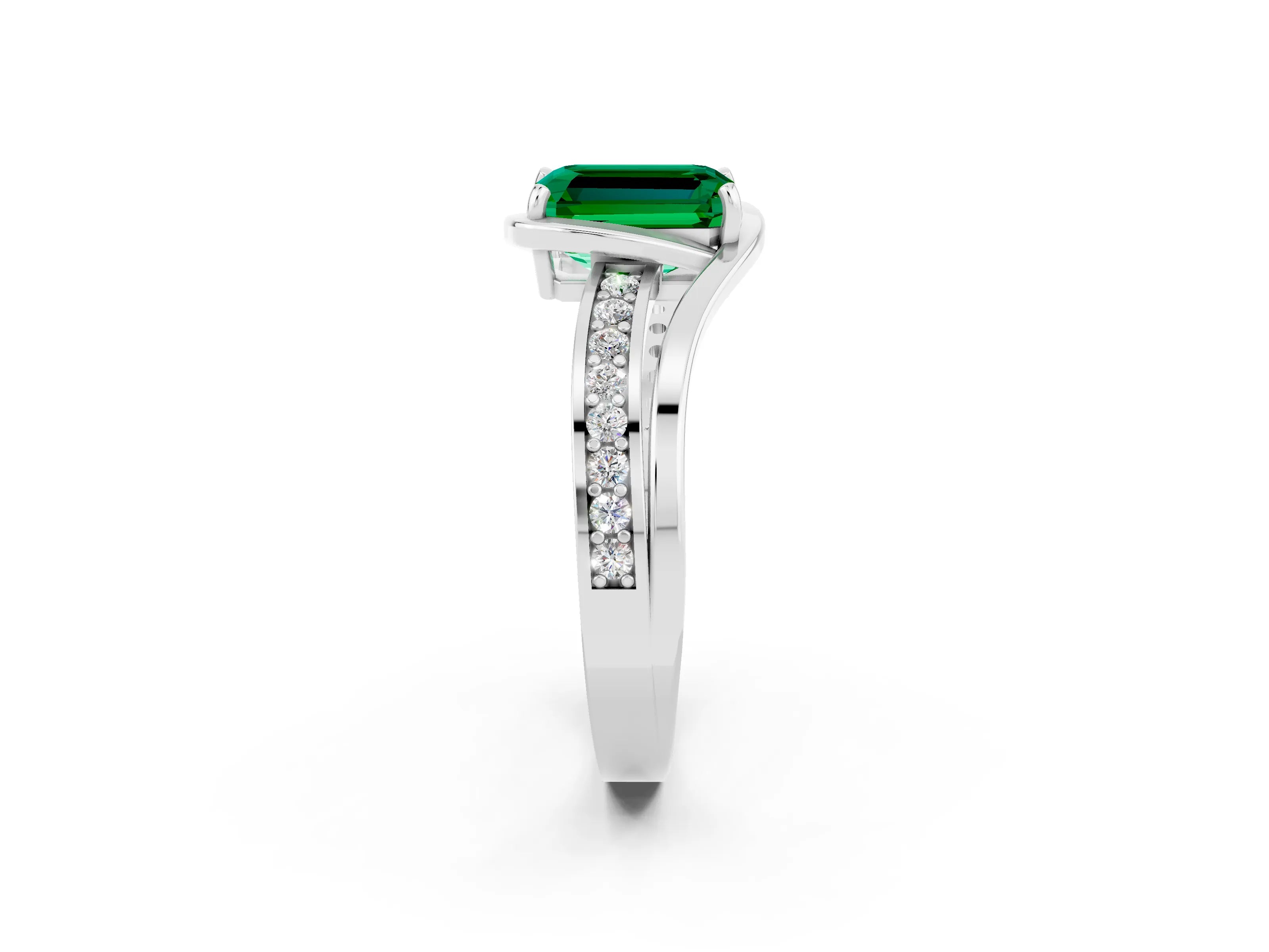 White gold Emerald Cut Emerald Solitaire Ring with Split Shank and Prong Setting_2