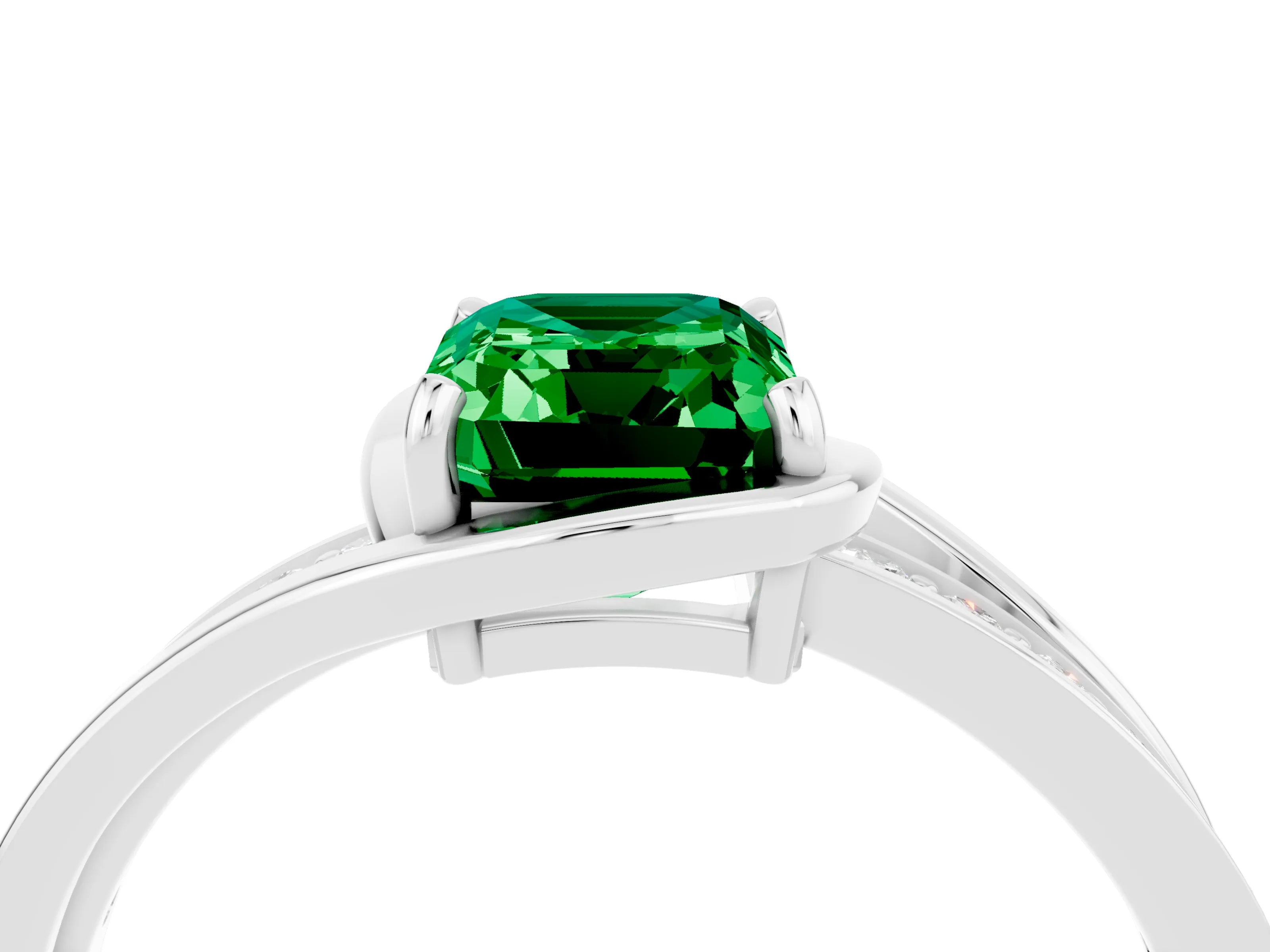 White gold Emerald Cut Emerald Solitaire Ring with Split Shank and Prong Setting_4