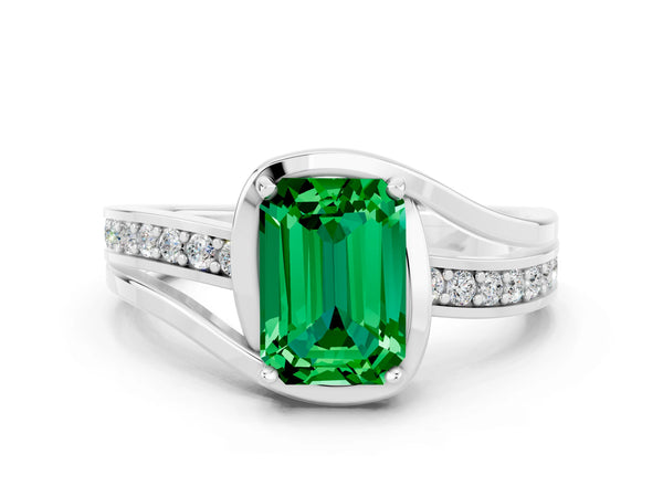 White gold Emerald Cut Emerald Solitaire Ring with Split Shank and Prong Setting