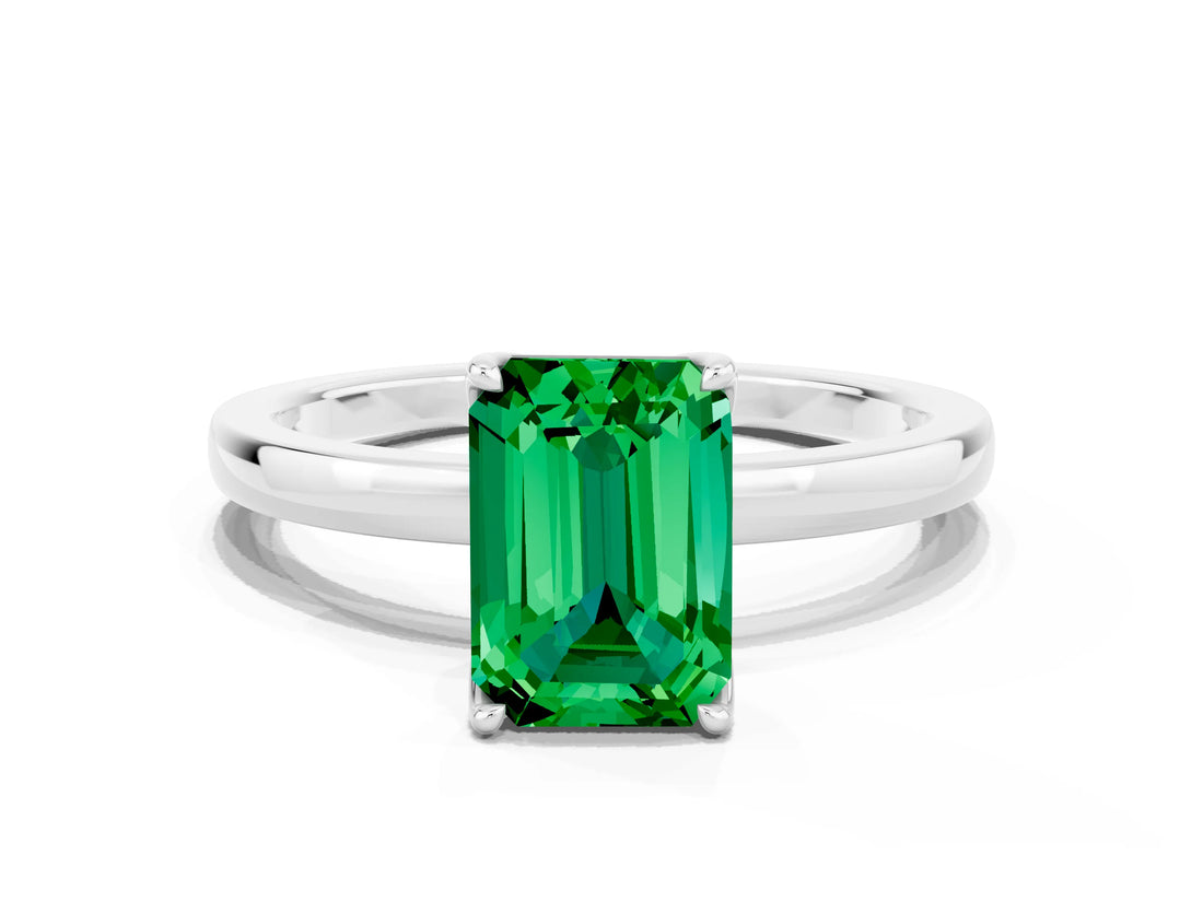 White gold Emerald Cut Emerald Solitaire Ring with Thin Band and Prong Setting_12