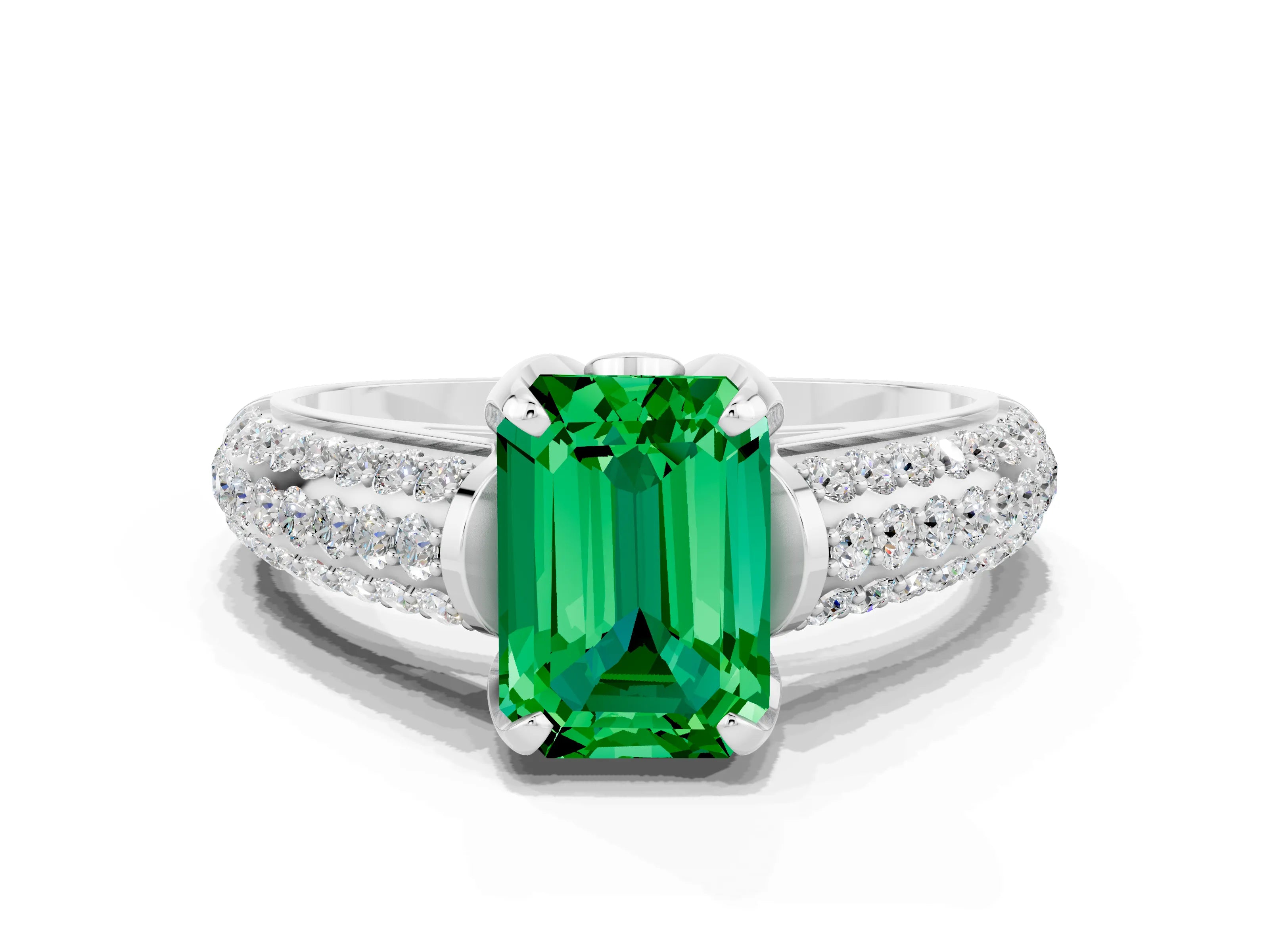 White gold Emerald Cut Emerald Solitaire Ring with Three-Row Pavé Band and Four-Prong Setting_12