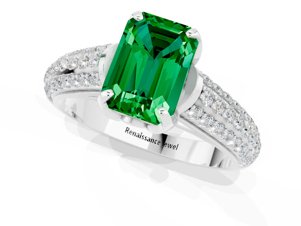 White gold Emerald Cut Emerald Solitaire Ring with Three-Row Pavé Band and Four-Prong Setting