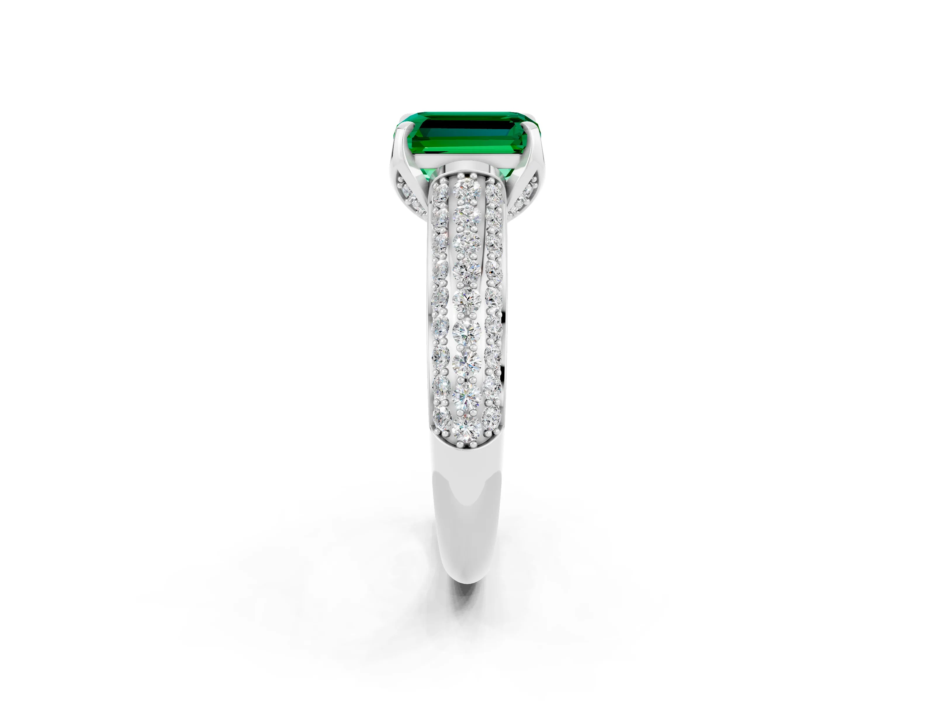 White gold Emerald Cut Emerald Solitaire Ring with Three-Row Pavé Band and Four-Prong Setting_14