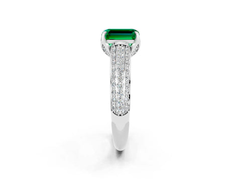 White gold Emerald Cut Emerald Solitaire Ring with Three-Row Pavé Band and Four-Prong Setting_14