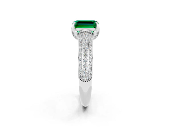 White gold Emerald Cut Emerald Solitaire Ring with Three-Row Pavé Band and Four-Prong Setting