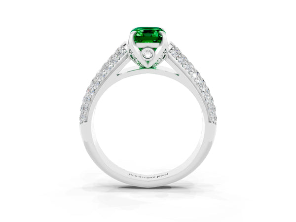 Platinum Emerald Cut Emerald Solitaire Ring with Three-Row Pavé Band and Four-Prong Setting