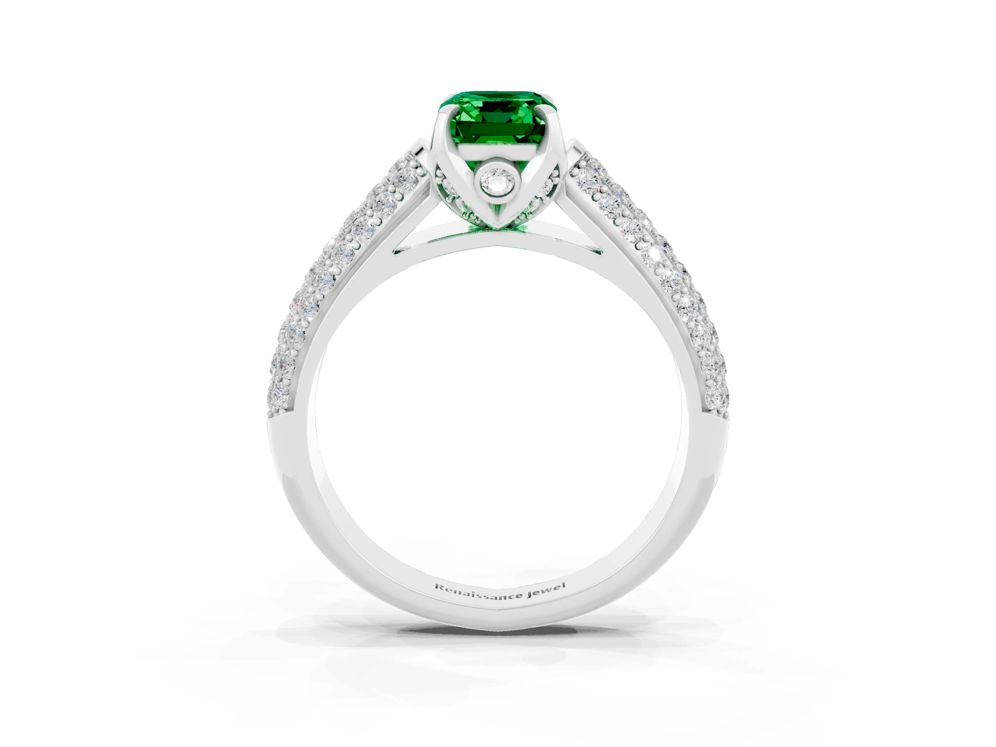 White gold Emerald Cut Emerald Solitaire Ring with Three-Row Pavé Band and Four-Prong Setting_15