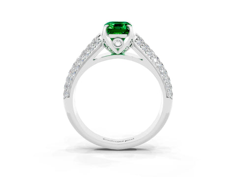 White gold Emerald Cut Emerald Solitaire Ring with Three-Row Pavé Band and Four-Prong Setting_15