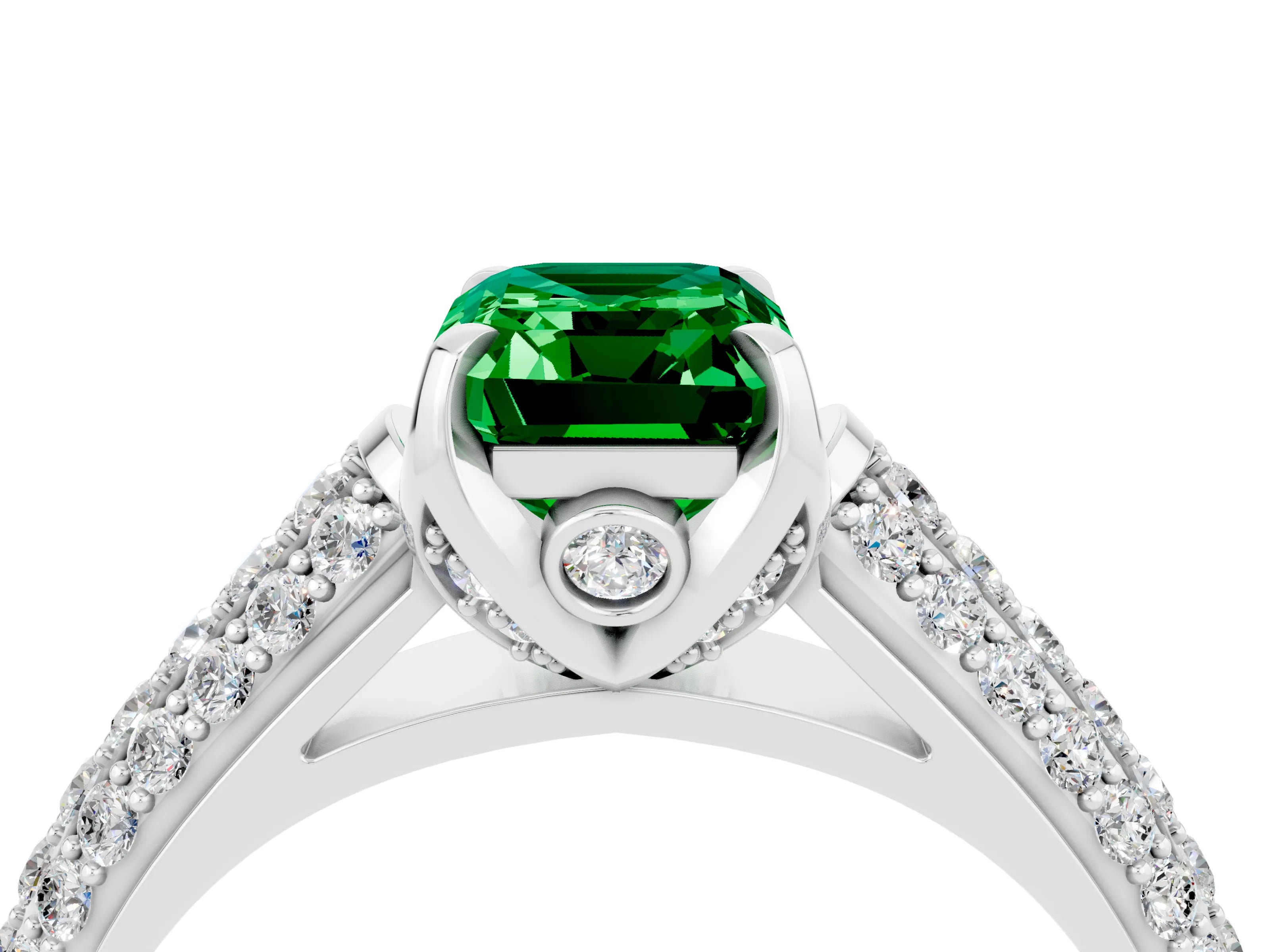 White gold Emerald Cut Emerald Solitaire Ring with Three-Row Pavé Band and Four-Prong Setting_16