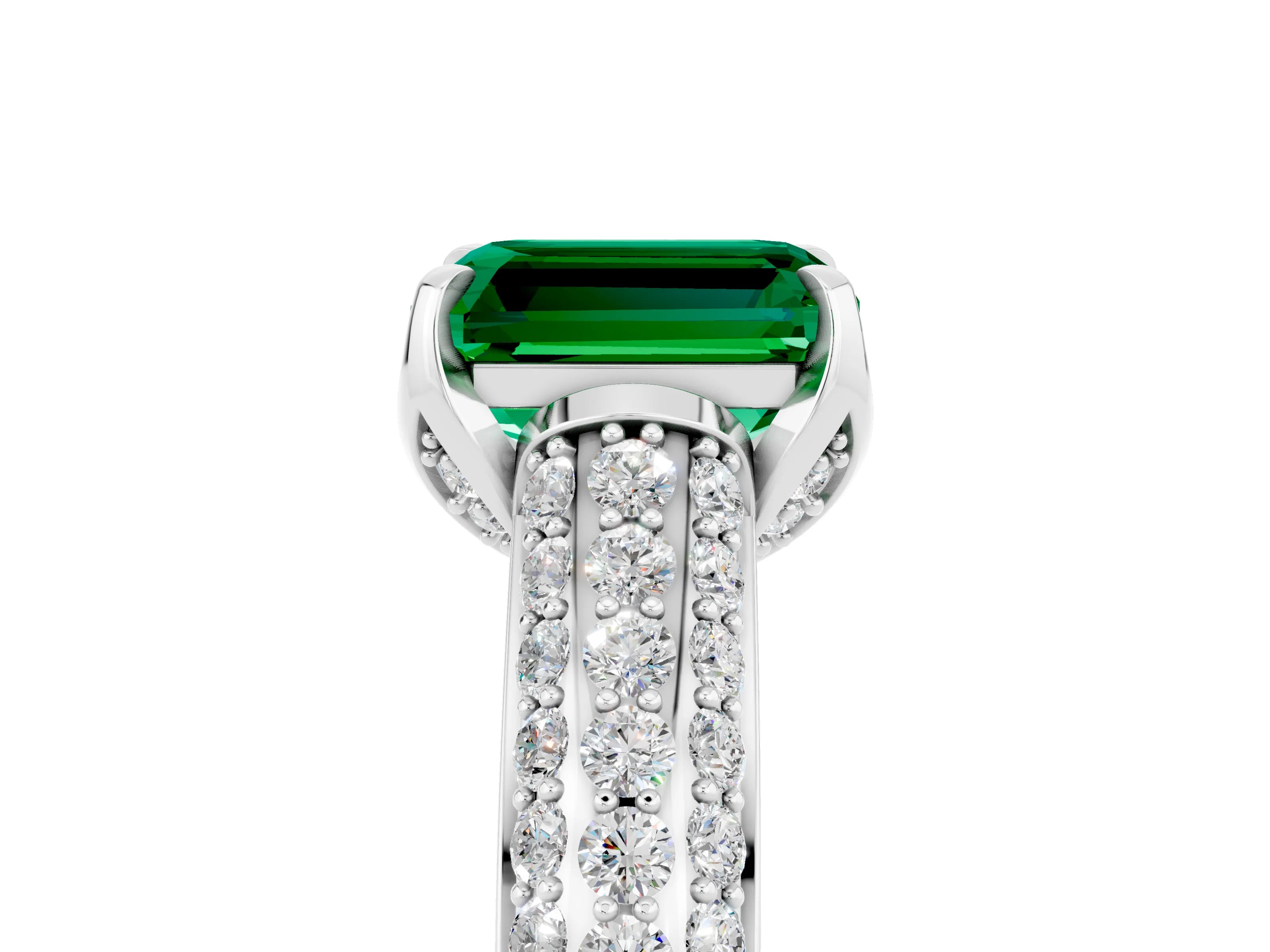 White gold Emerald Cut Emerald Solitaire Ring with Three-Row Pavé Band and Four-Prong Setting_17
