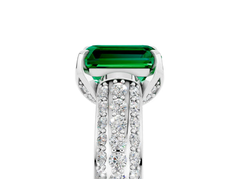 White gold Emerald Cut Emerald Solitaire Ring with Three-Row Pavé Band and Four-Prong Setting_17