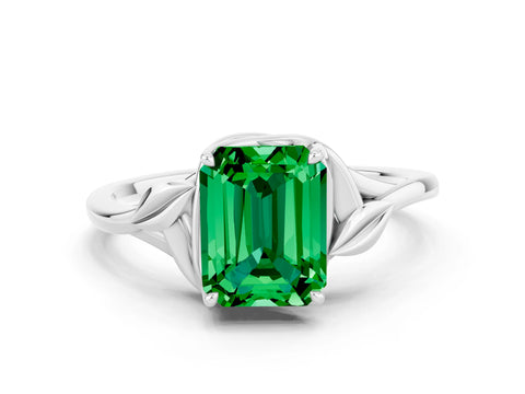 White gold Emerald Cut Emerald Solitaire Ring with Twist Band and Four-Prong Setting_12