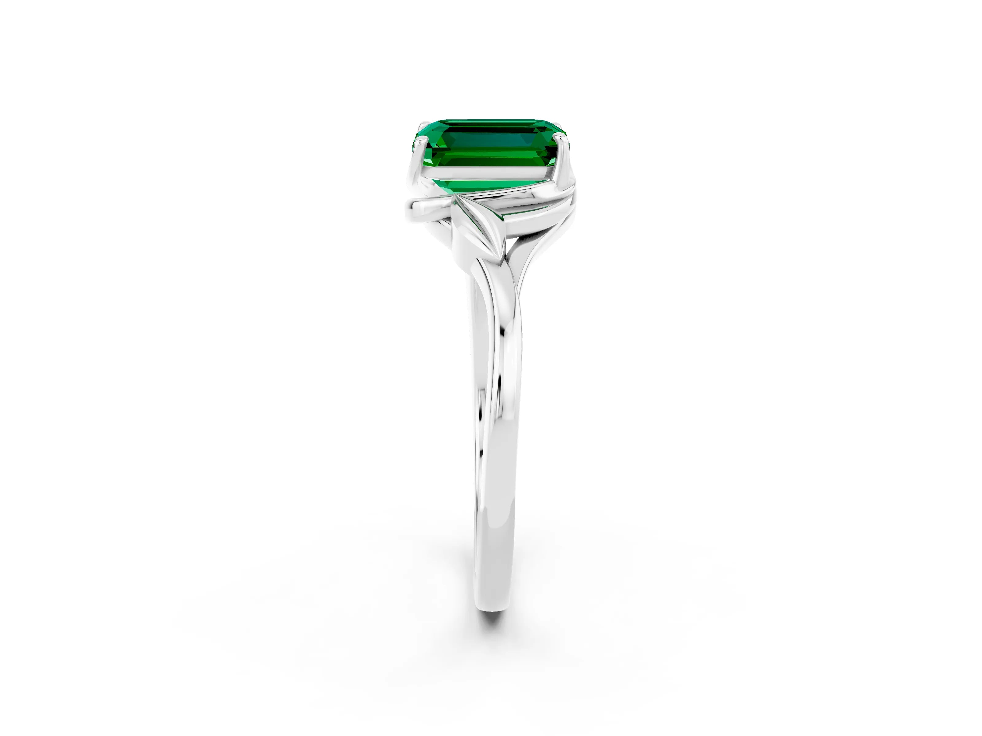 White gold Emerald Cut Emerald Solitaire Ring with Twist Band and Four-Prong Setting_14