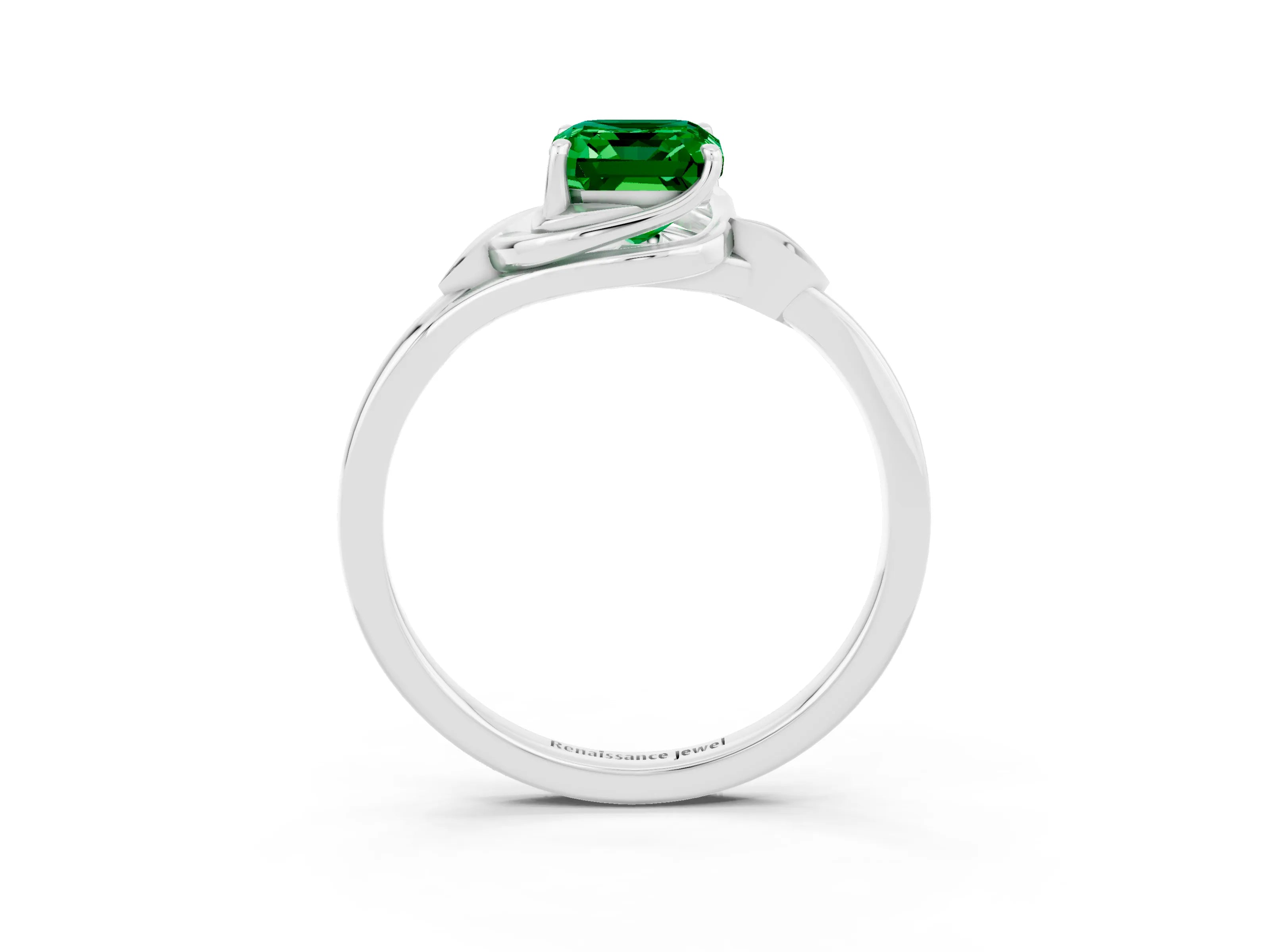 White gold Emerald Cut Emerald Solitaire Ring with Twist Band and Four-Prong Setting_15