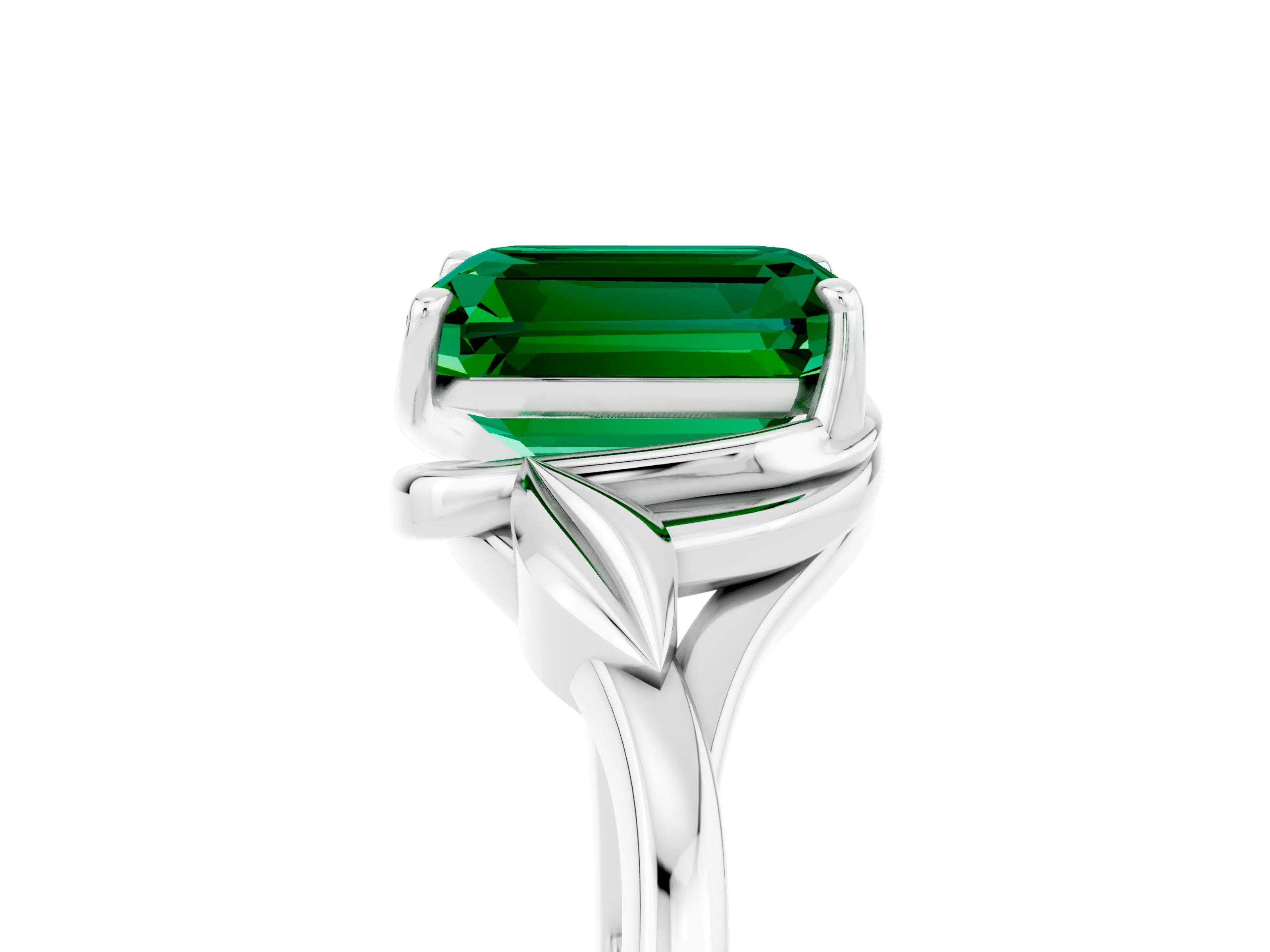 White gold Emerald Cut Emerald Solitaire Ring with Twist Band and Four-Prong Setting_17