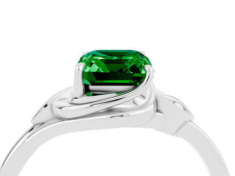 White gold Emerald Cut Emerald Solitaire Ring with Twist Band and Four-Prong Setting_40