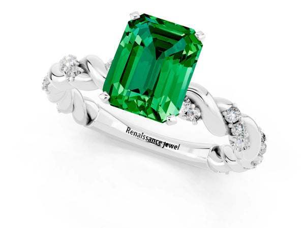Silver Emerald Cut Emerald Solitaire Ring with Twisted Band and Pavé Accents