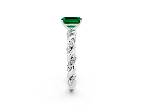 Platinum Emerald Cut Emerald Solitaire Ring with Twisted Band and Pavé Accents