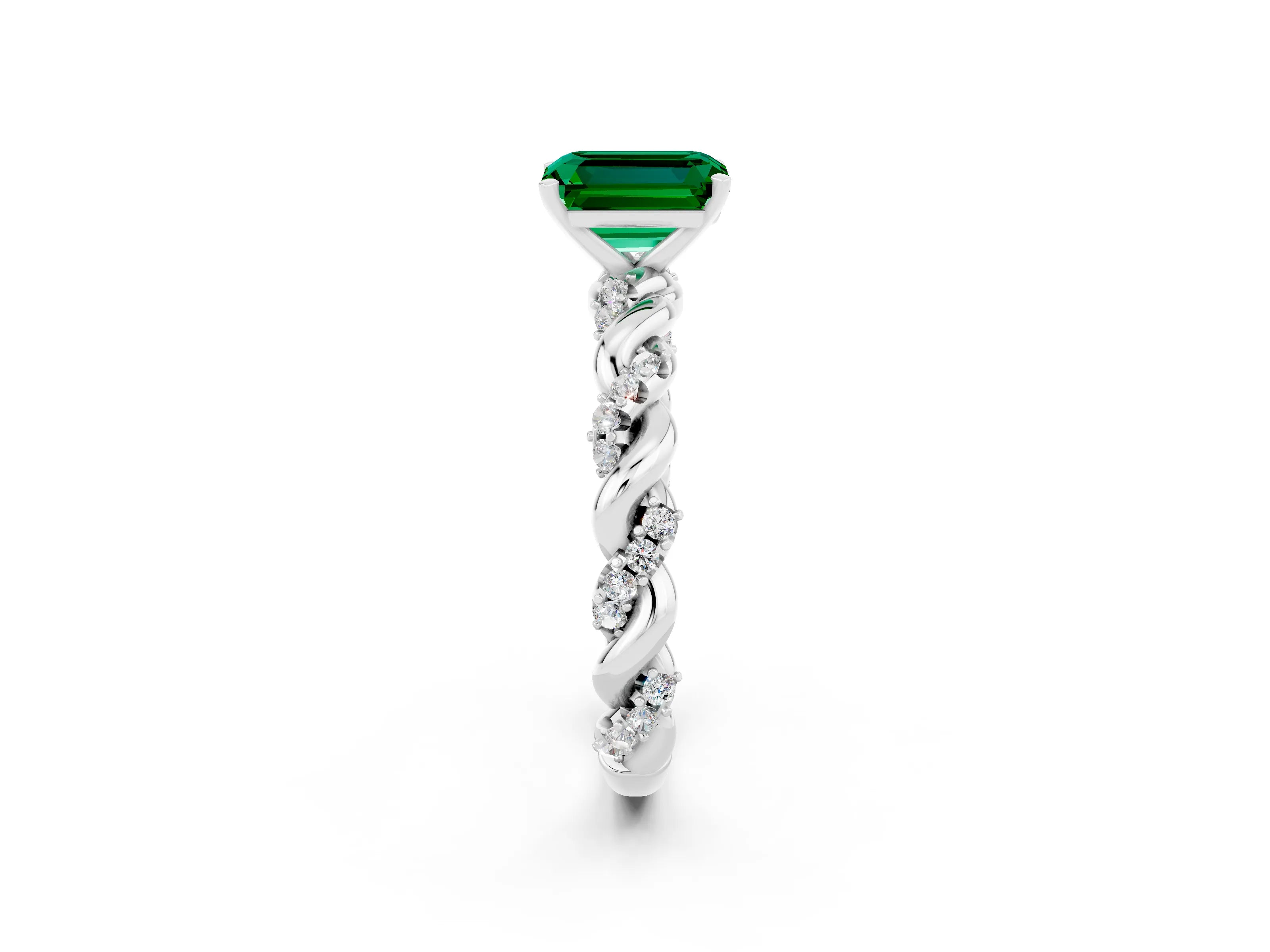 White gold Emerald Cut Emerald Solitaire Ring with Twisted Band and Pavé Accents_2