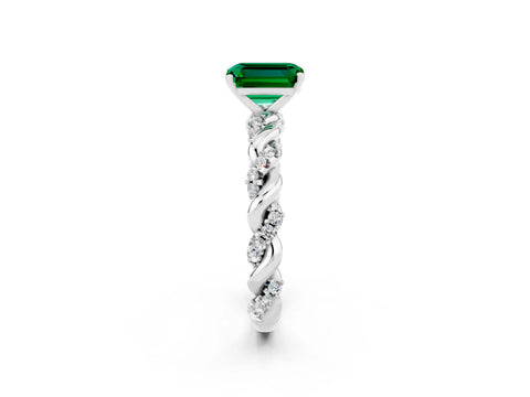 White gold Emerald Cut Emerald Solitaire Ring with Twisted Band and Pavé Accents_2