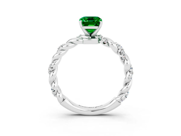 White gold Emerald Cut Emerald Solitaire Ring with Twisted Band and Pavé Accents